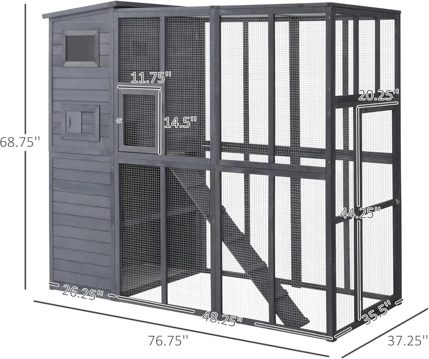 Outdoor Catio Cat House Wooden Feral Cat Shelter Cage with Platforms Waterproof Asphalt Roof Ramps 77" L Gray