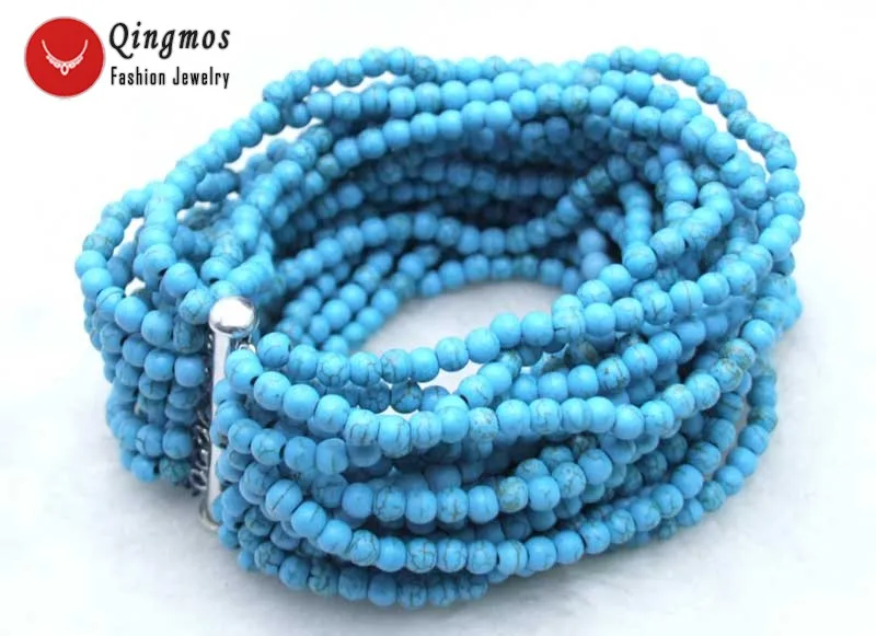 

Qingmos 4mm Round Natural Striped Blue Turquoise Bracelet for Women with Genuine Blue Stone Jewelry Bracelet 20 Strands 7.5-8''