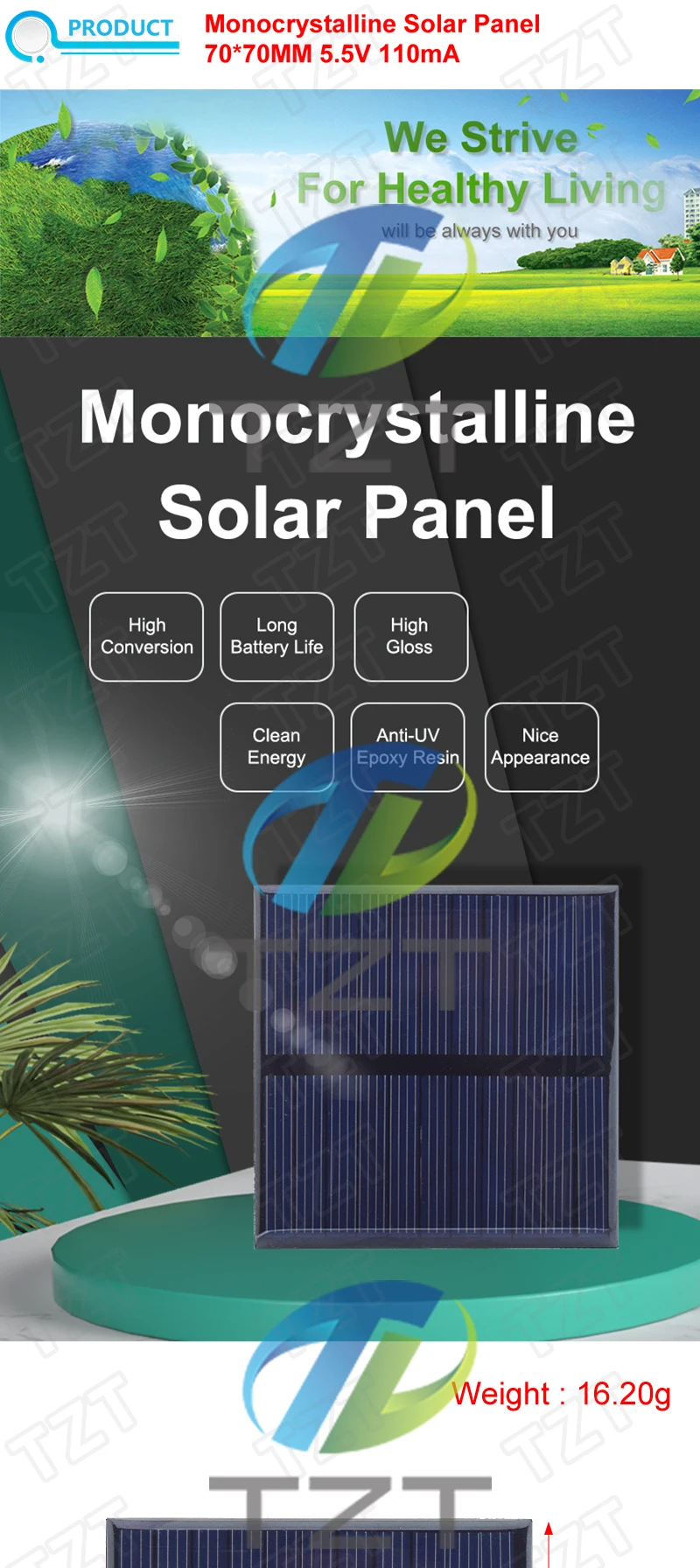 TZT 1/3 stücke 5,5 V 110mA 0,55 W Solar Panel Polykristalline 70*70 MM Mini Sunpower Solar system DIY für Batterie Handy Ladegerät – Detail 3
