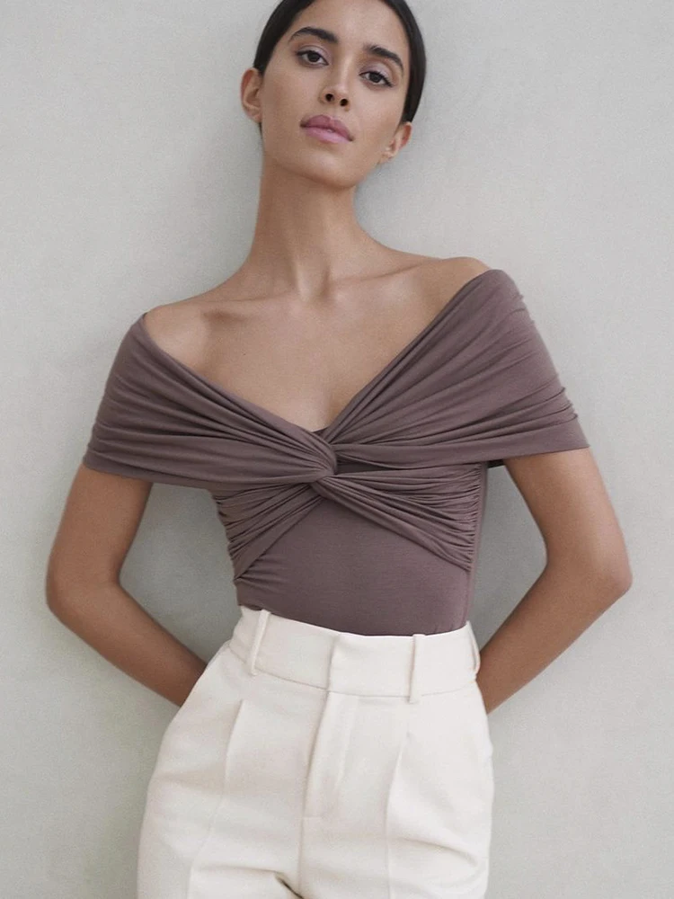 Evelyth-Sexy-Bare-Shoulder-Deep-V-Kink-Slim-Bodysuit-Basic-Solid-Color ...