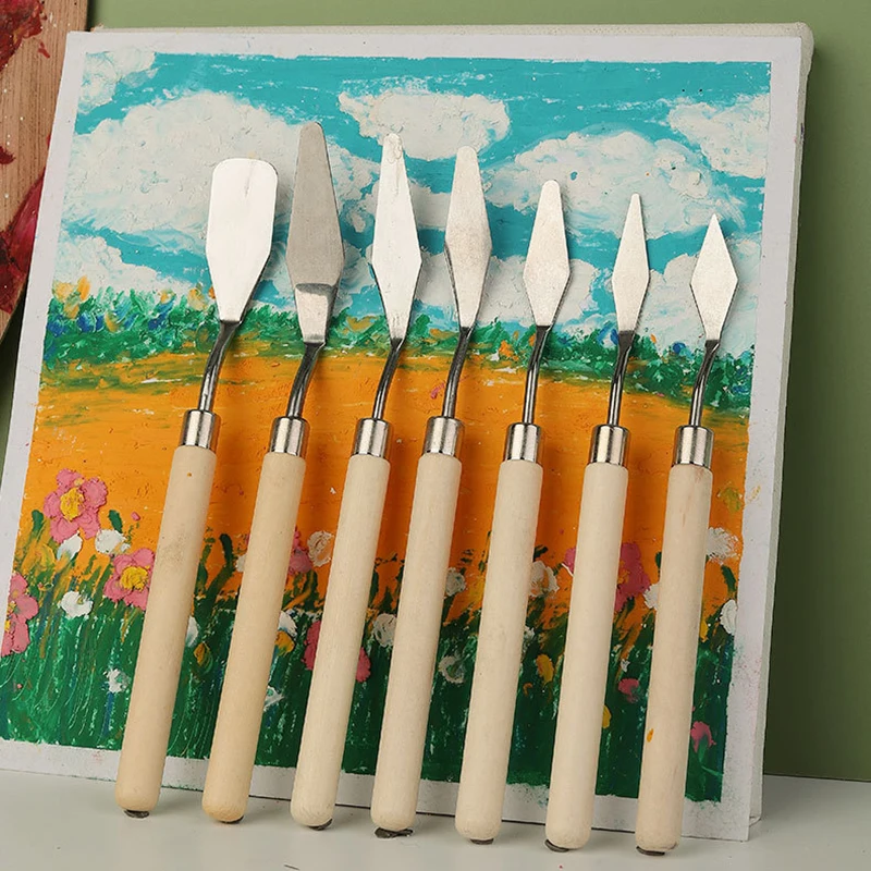 Painting Stainless Steel Spatula Oil Paint Wood Handle Flexible For Artist 7pcs Wood Set For Oil Acrylic Painting Mixing Scraper