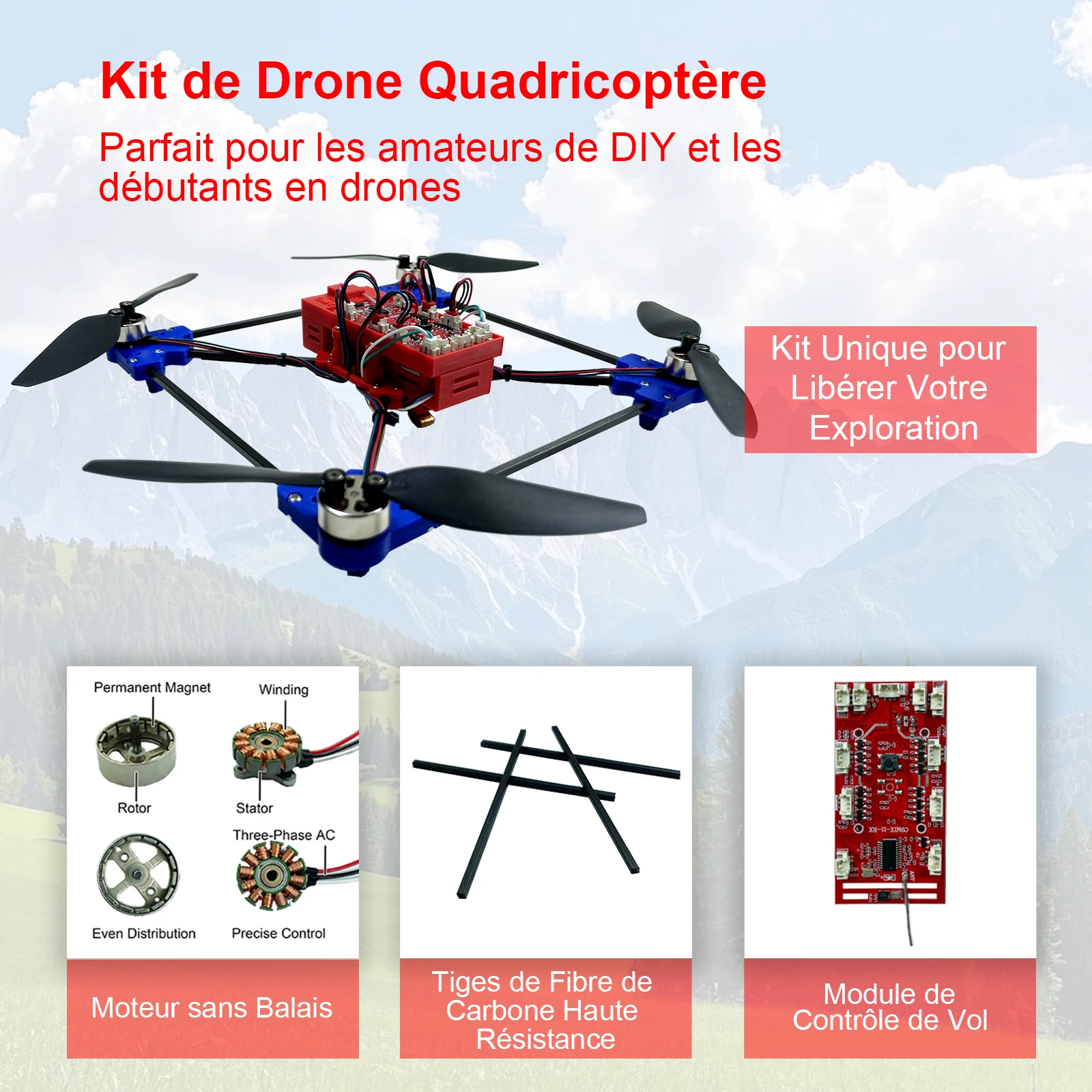 Drone FPV DIY en vol stationnaire grâce au capteur optique, avec moteurs brushless visibles sous les bras.