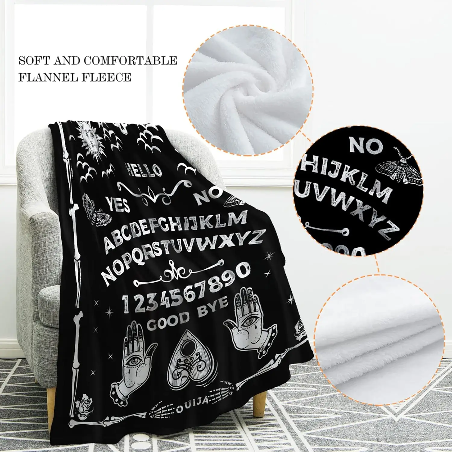 Ouija Board Blanket Gothic Witch Gift for Halloween Sun Moon Skeleton Skull Horror Spooky for Decor Throw Blankets Black 50"x60" 4