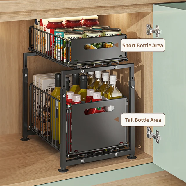 Adjustable Height Household Cabinet Basket, Double Drawers, Sliding Sink Storage Rack, Space Saving Kitchen Storage Rack 1