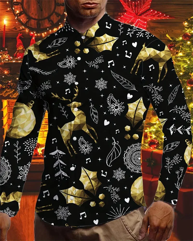 

2023 Christmas Themed 3D Printed Men's Button Lapel Christmas Long Sleeve Shirt New Year Couple Streetwear Tops Extra Large 6XL
