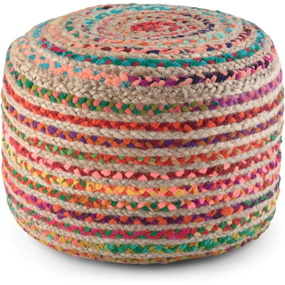 

Stool, 20 inch multi-color woven jute Bohemian circular pocket, suitable for footstool in living room and bedroom