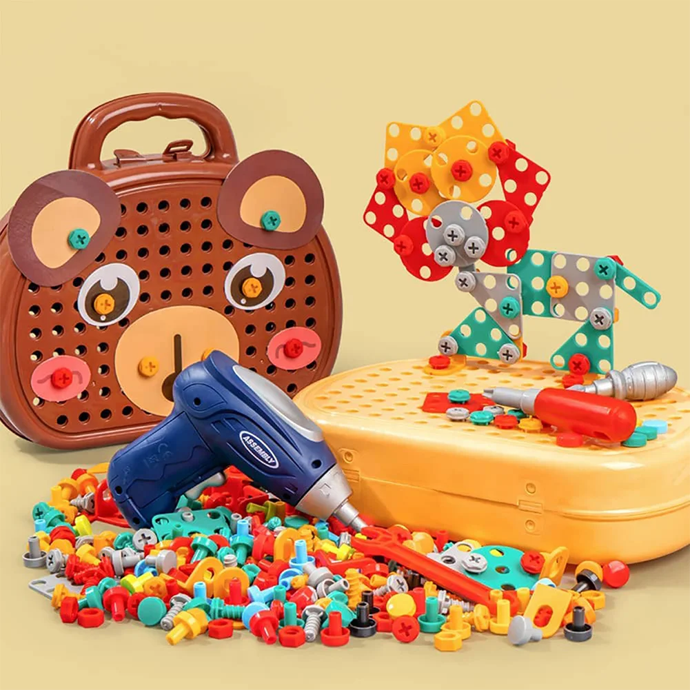 203 Pieces Children's Repair Toolbox Creative Mosaic Puzzle Toy With Electric Drill Screw Tool Set Kids DIY Learning Toys