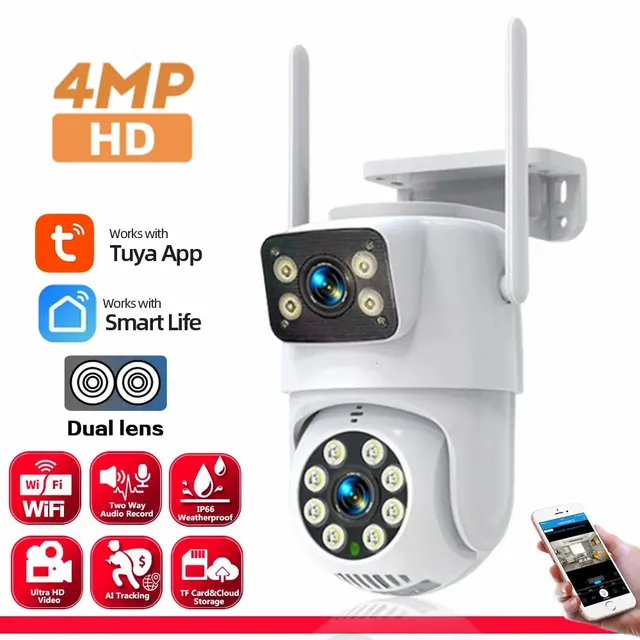 Câmeras de vigilância sem fio à prova d'água ao ar livre, Auto Tracking Security Camera, Dual Lens, WiFi, Visão Noturna, Ai Humano, 4K, 4MP, Tuya