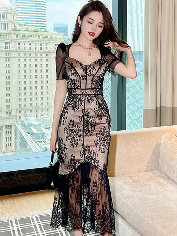 Fashion Summer Lace Long Evening Dress Women Ladies Clothing Sheer Sexy  Square Collar Slim Midi Party Prom Mujer Robe Vestidos - AliExpress  200000345