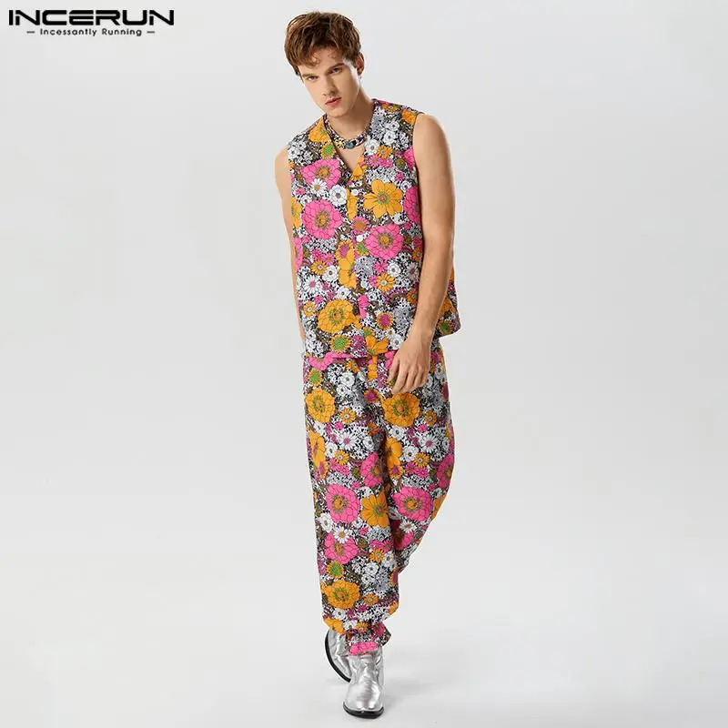 

2023 Men Sets Floral Printing Vacation V Neck Sleeveless Tank Tops & Pants 2CPS Streetwear Loose Men Casual Suits S-5XL INCERUN