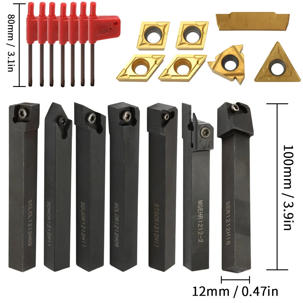 

12MM Lathe Tool Bar Combination 7 Tool Bar Sets 7PCS Tool Bar+7PCS Blade+7 Wrenches For CNC Lathe Turning Tools Lathe Lathe Tool