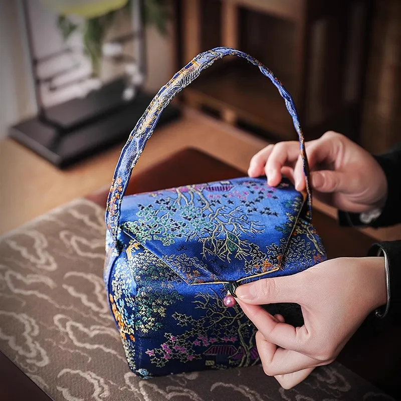 Printed Storage Bag with Cotton Lining, Small Travel Handbag Simple One-pot Two-Cup Set Teacup Bags