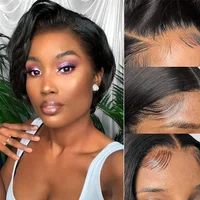 Perruque Lace Wig malaisienne 13x4, cheveux 100% naturels, coupe Pixie, partie latérale, Bob lisse, dentelle transparente, pour femmes noires 2
