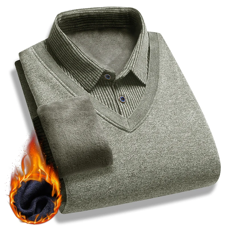 New Mens Fleece Polo Collar Sweater Fake 2 Pieces Patchwork Velvet Pullovers Slim Fit Tops Elegant Knitted Sweaters men long sleeve sweater