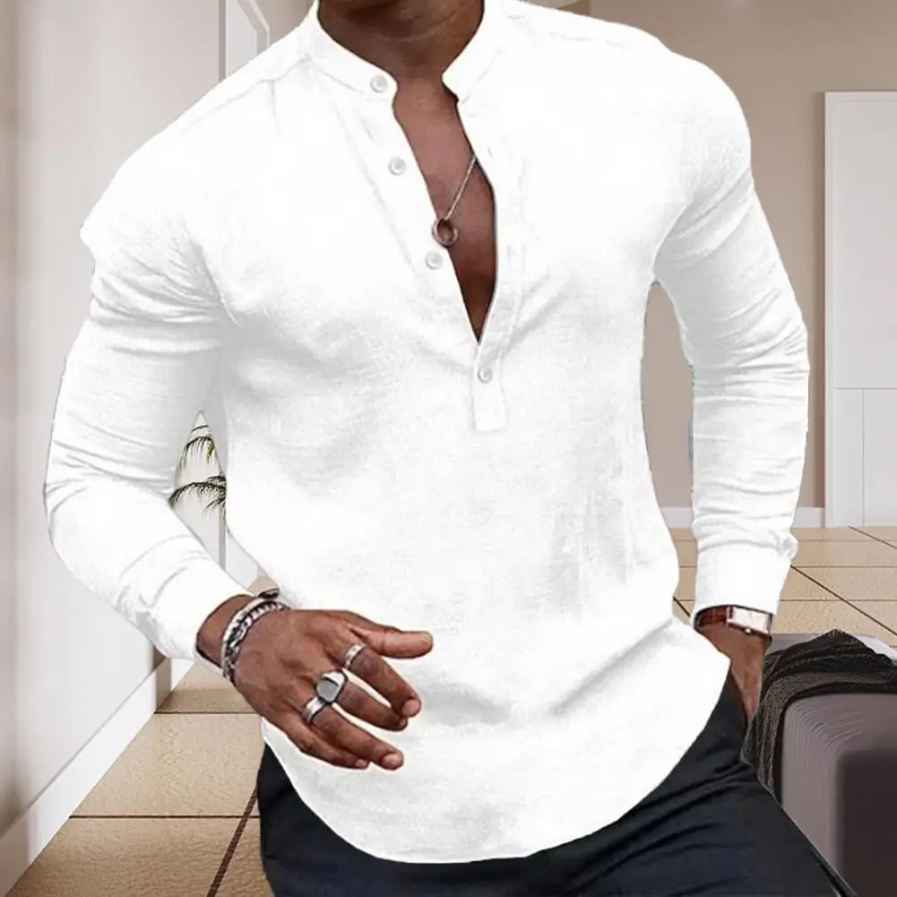 

Men Solid Color Shirt Spring Casual Shirt Slim Fit Henry Neck Long Sleeve Pullover Breathable Stylish Men's Business Shirt