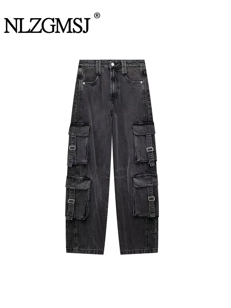 

Nlzgmsj TRAF Women Jeans 2024 Fashion Work Style Multi Mouth Bag Decoration Design Sense Casual Jeans Female Trousers