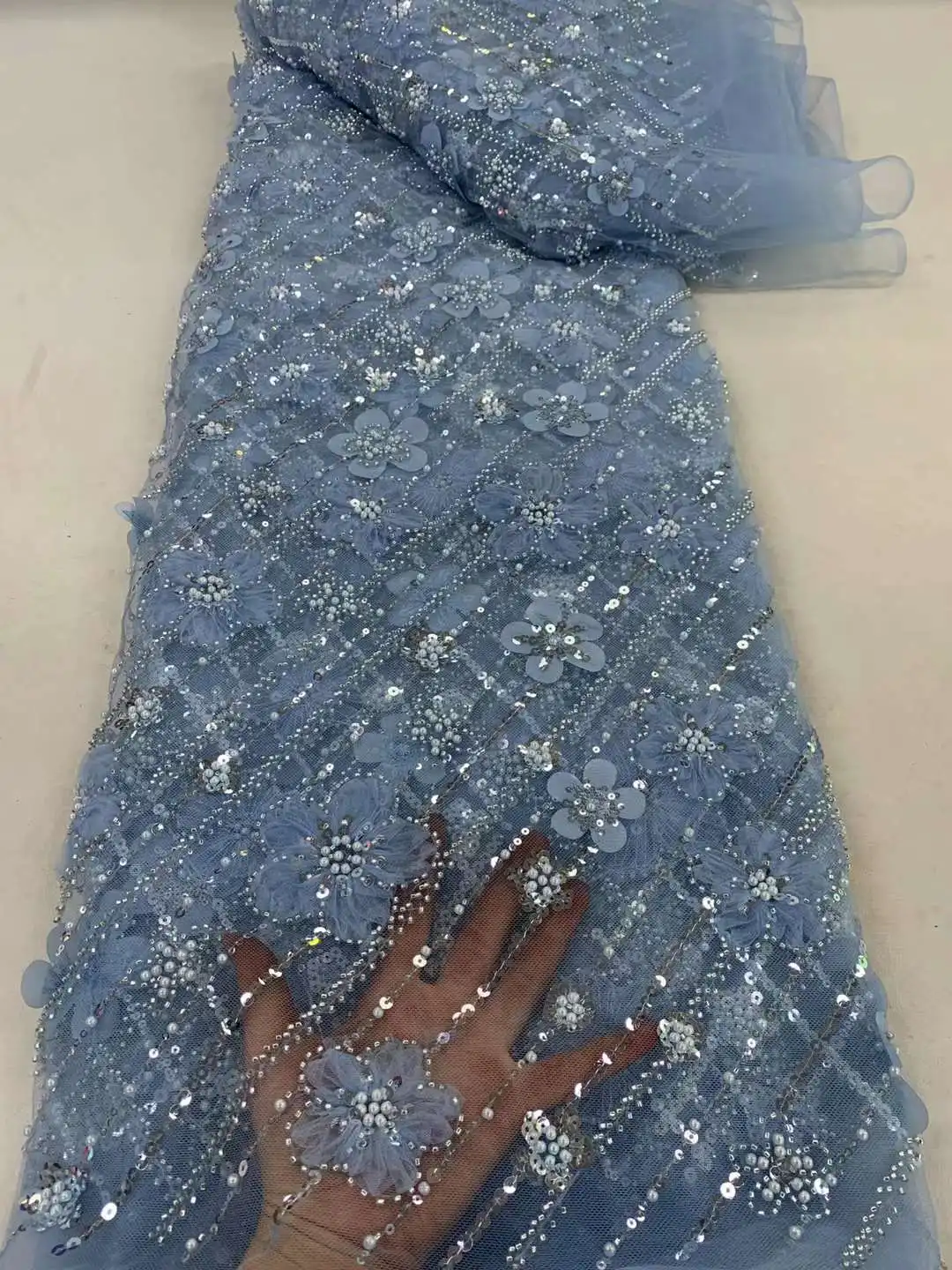 

Популярная 2024 кружевная 3D вышивка с жемчугом, французское Тюлевое Сетчатое кружево, африканская ткань с блестками, пошив женских платьев, свадьба