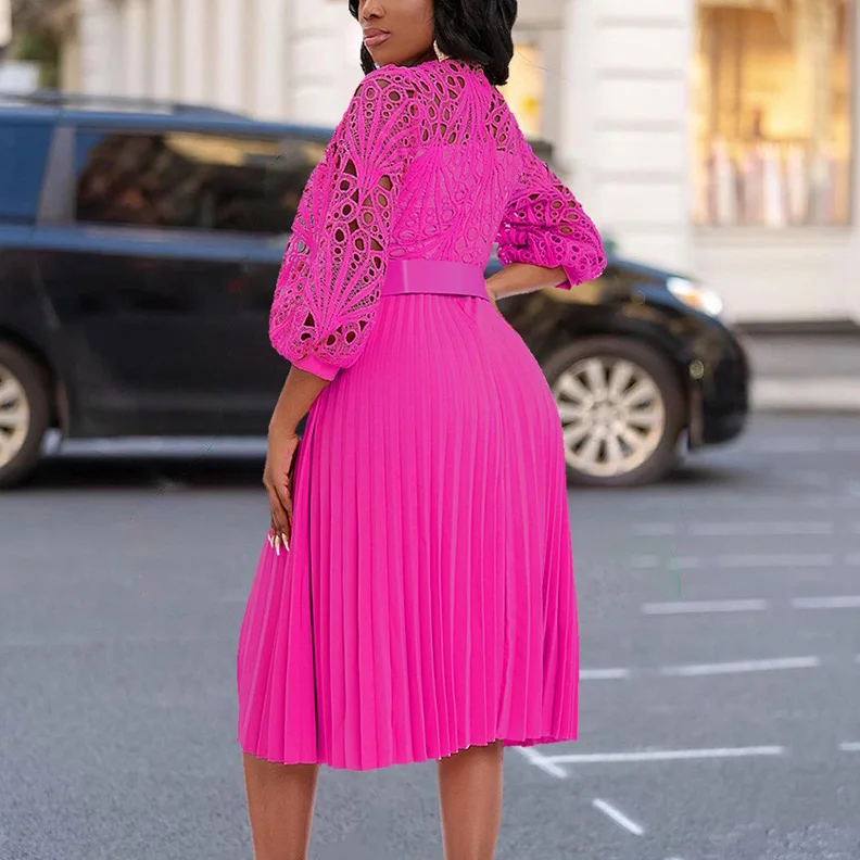 Elegant Pleated Dresses for Women O Neck Three Quarter