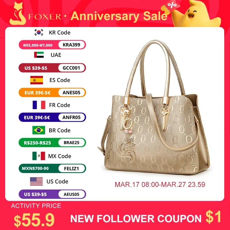 FOXER Fashion Monogram Ladies Handbag Office Women Commuter Large Capacity Soft Shoulder Bag High Quality Casual Tote Bag Women