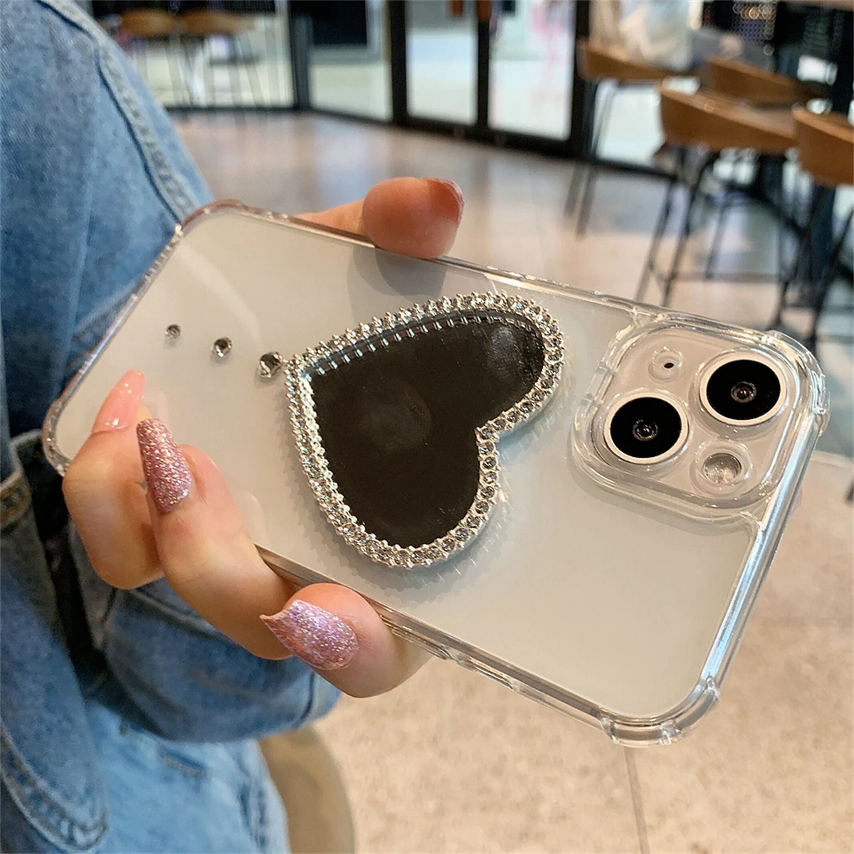 Rhinestone Heart Makeup Mirror Case For iPhone 16 15 14 13 12 11 Pro Max X XR 7 8 Plus Transparent Shockproof Soft Cover iphone case phone case