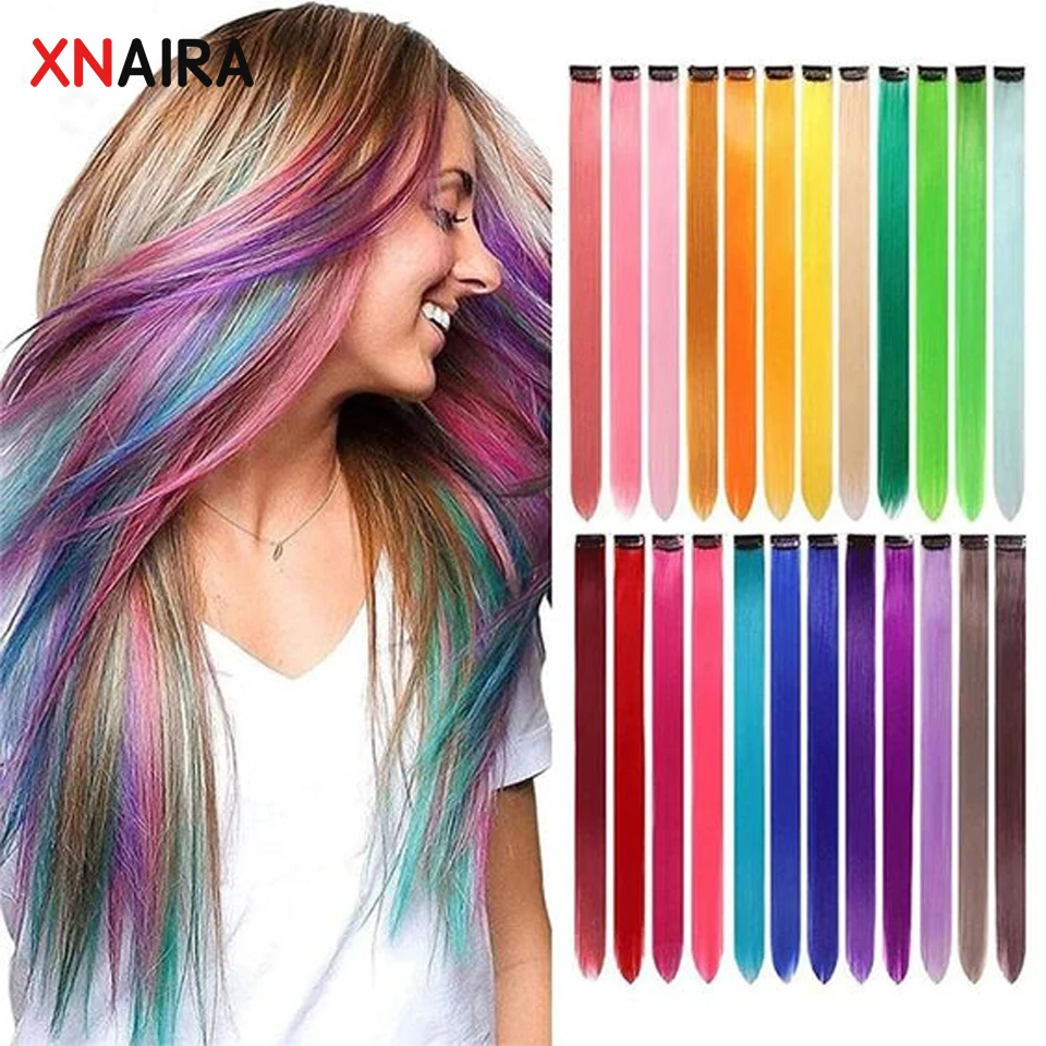 Feather Hair Extension 1pc Colorful Fake Hair Clip in One Piece Rainbow Synthetic Hair Extensions, Human Hair Extensions 18inch Hairpiece for Women