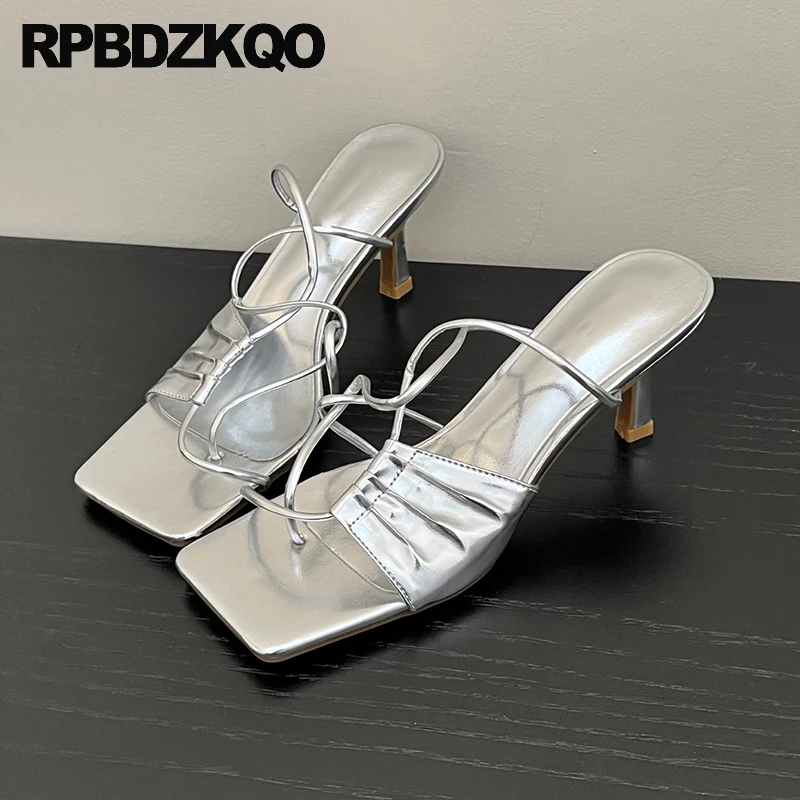 

Toe Loop Slippers Sexy Slides Sandals Metallic Bdsm Ring Mirror Club Stiletto Pumps Women Shoes High Heels Strappy Gladiator