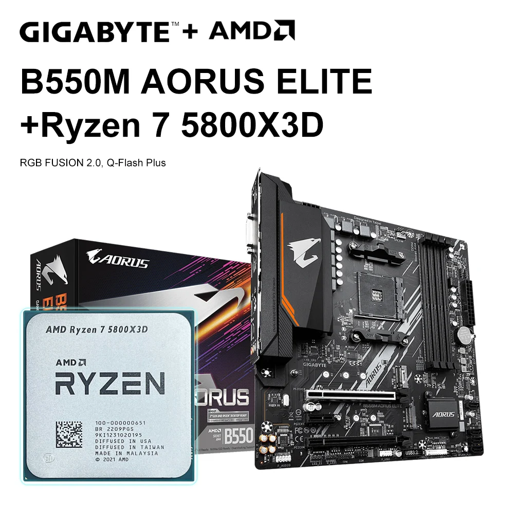 AMD-라이젠 7 5800X3D 마더보드, R7 5800X3D 3.4 GHz 8 코어 16 스레드 CPU + 기가 바이트 B550M AORUS ELITE B550m 게임용 128GB