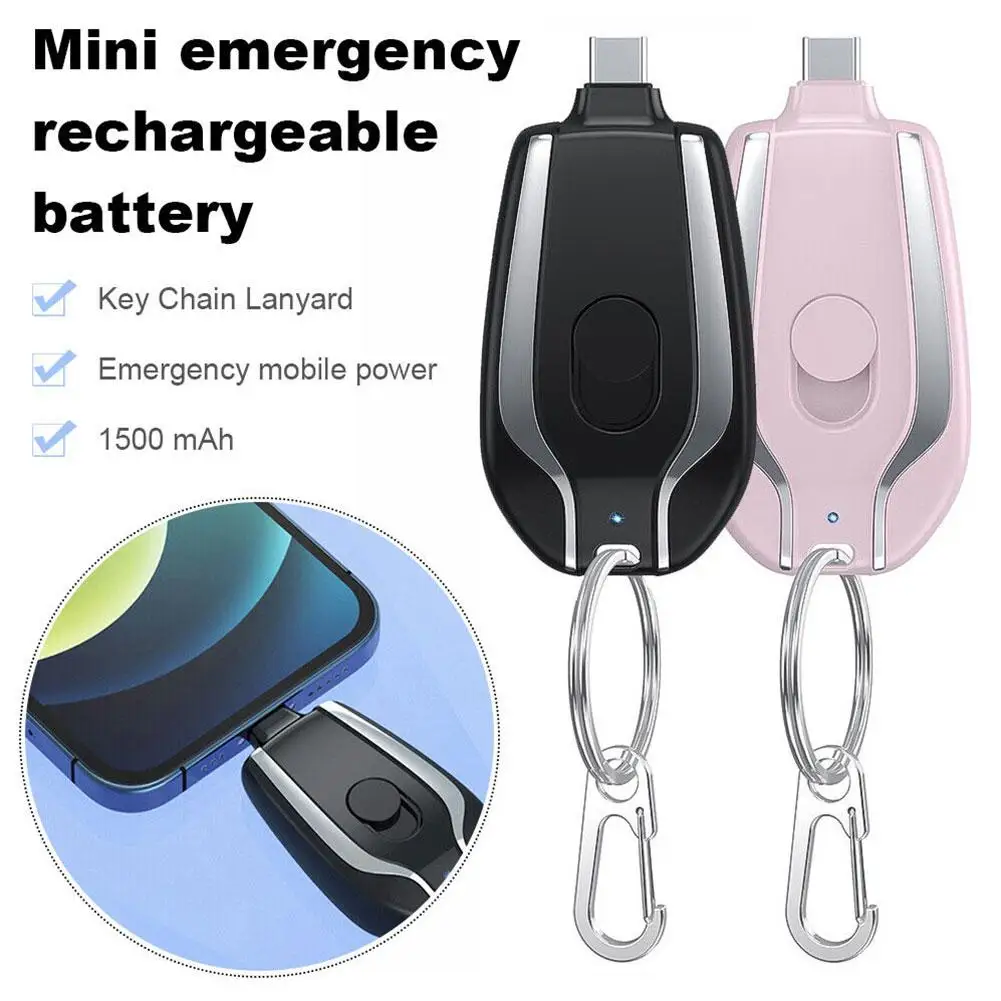 iPhone Android Type C USB Mobile Phone Portable Emergency Keychain Charger with 1500mAh Battery Mini Power Bank Keychain for