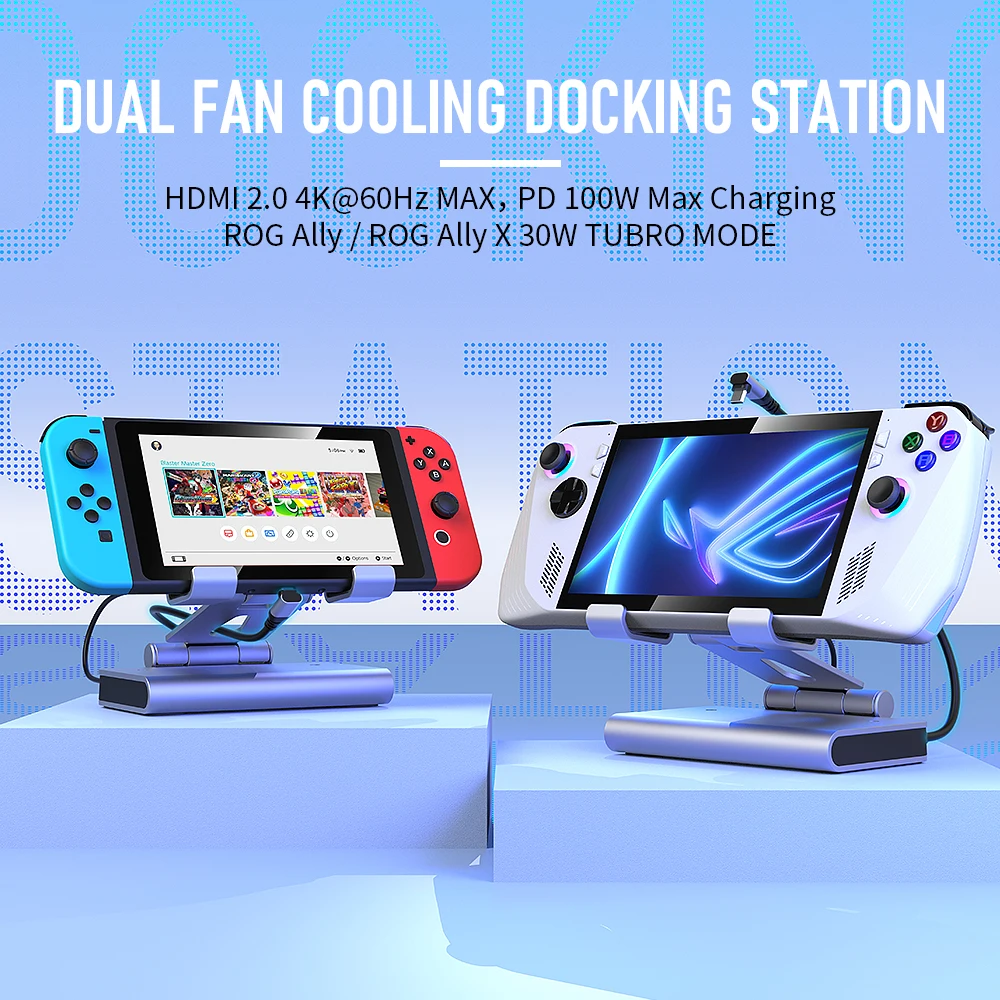 RGB Dual Fans Docking Station For ROG ALLY SteamDeck Game Console AOKZOE OneXPlayer Dock Adjustable Height Dock Bracket 4K 60HZ 2
