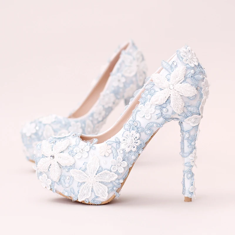 

Blue Lace Flower Pearl Wedding Shoes Handmade White Rhinestone Stiletto Super High Heel Bride Dress Pumps Waterproof Platform