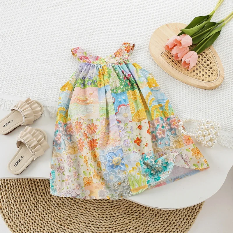 

Girls' Summer Cool Suspender Floral Skirt Baby Girls' Halter Travel Holiday Style Photography Western Style Skirt Dress-KXKM