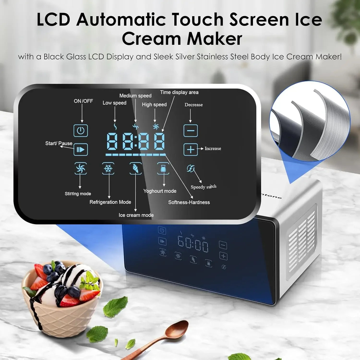 Soft Serve Ice Cream Maker LCD Touch Screen with Compressor, No Pre-freezing, 4 Modes, Adjusted Speed 1.6 Quart Ice Crea