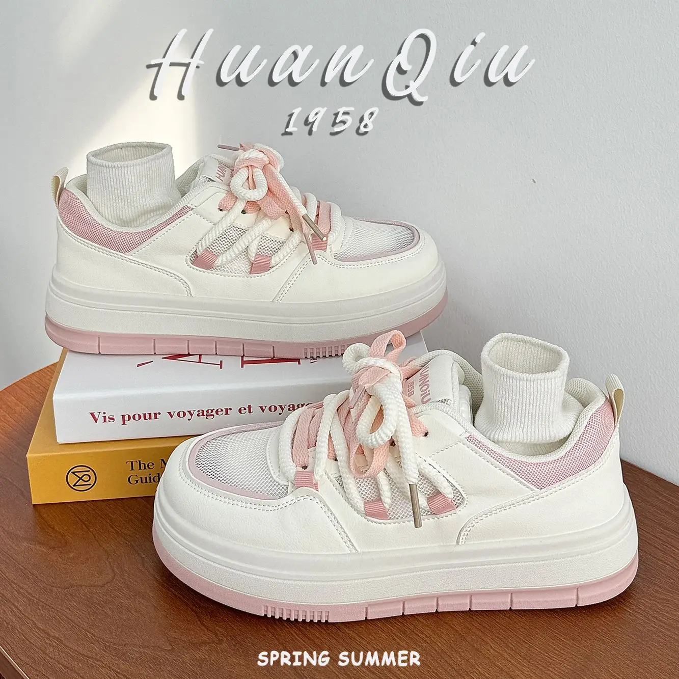 Women Causal Shoes Spring Designer Wedges Vulcanized Shoes Fashion Versatile White/Pink Sneakers student Lightweight Sports Shoe