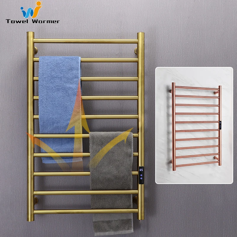 Gold Electric Towel Rack Smart Temperature Time Control Towel Warmer Bathroom Stainless Steel Electric Heated Rail