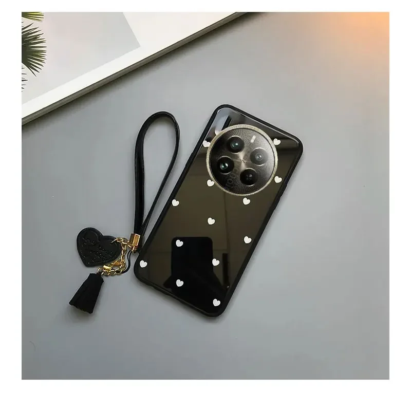 Love Heart Pattern Tempered Glass Shockproof Protection Case with Tassel Lanyard
