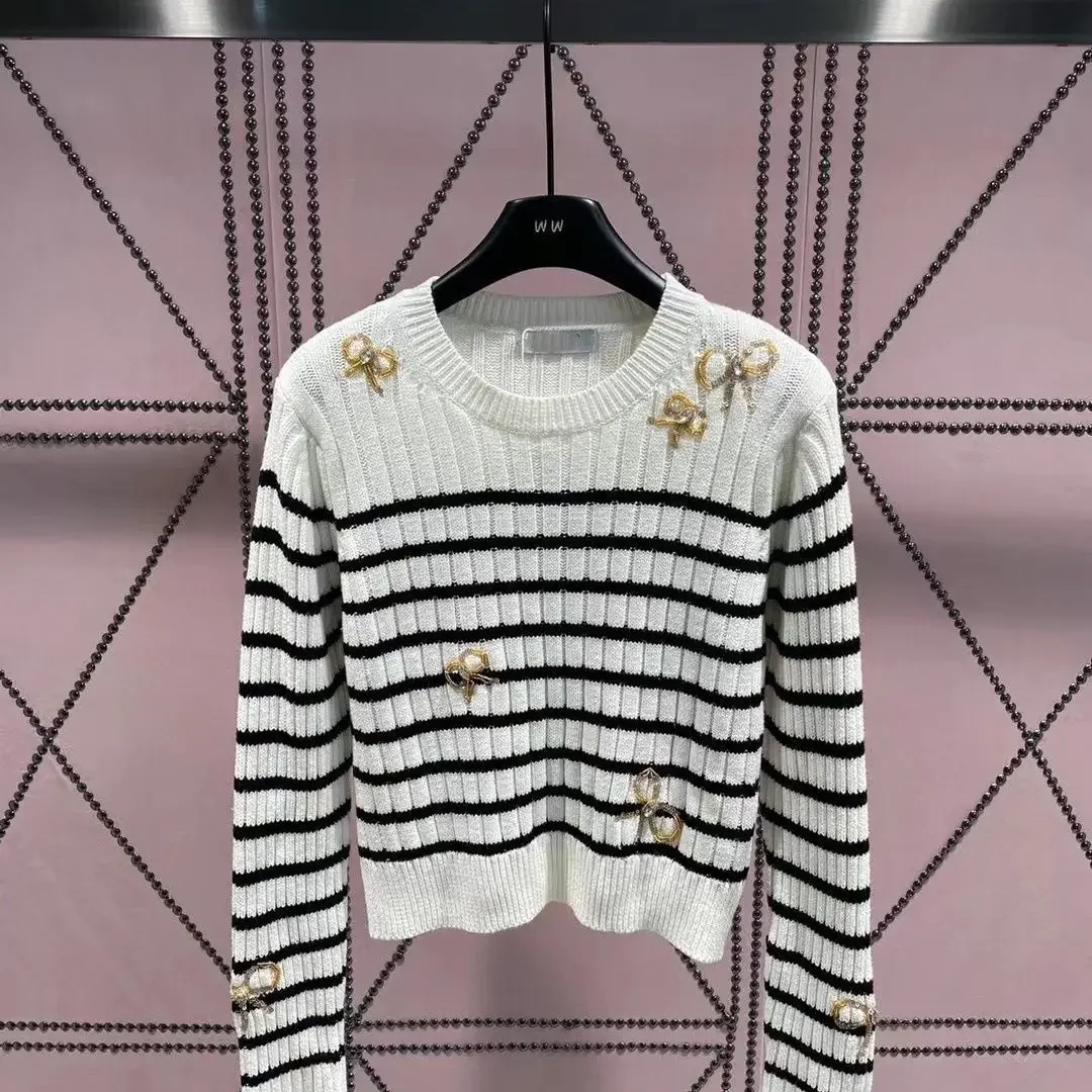 

Black White Stripe Cashmere Pullover Diamond Sequin Bow Tie Knitted Women Sweater Wool Jumper Slim Cropped Knitwear Runway