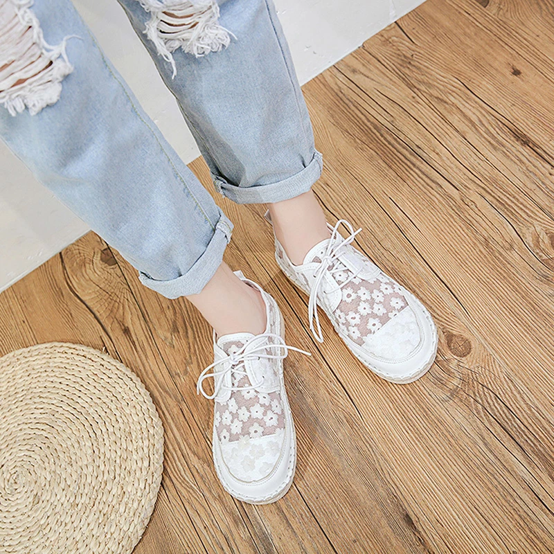 Women's Breathable Mesh Flower Lace Casual Shoes Fashion Flats Shoes Shallow White Loafers 35-40