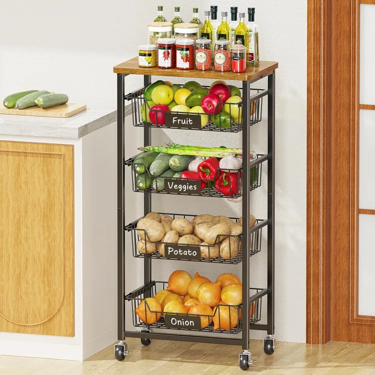 5-Tier Rolling Kitchen Storage Cart with Wood Top