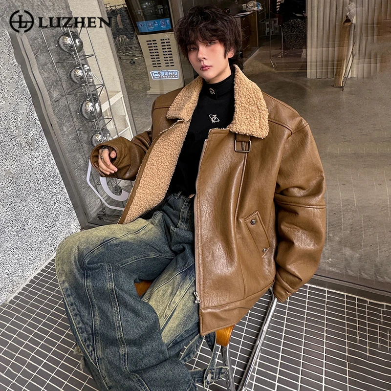 

LUZHEN 2023 Winter Men Lamb Wool Liner Leather Jacket High Quality Stylish Double Faced Fur Casual Stree Trendy Coat New 0916f3