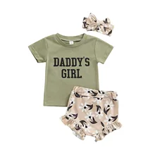 

Toddler Kids Baby Girls 2Pcs Summer Cotton Outfits Short Sleeve Round Neck Letter Tops Ruffle Floral Shorts Headband Casual Set