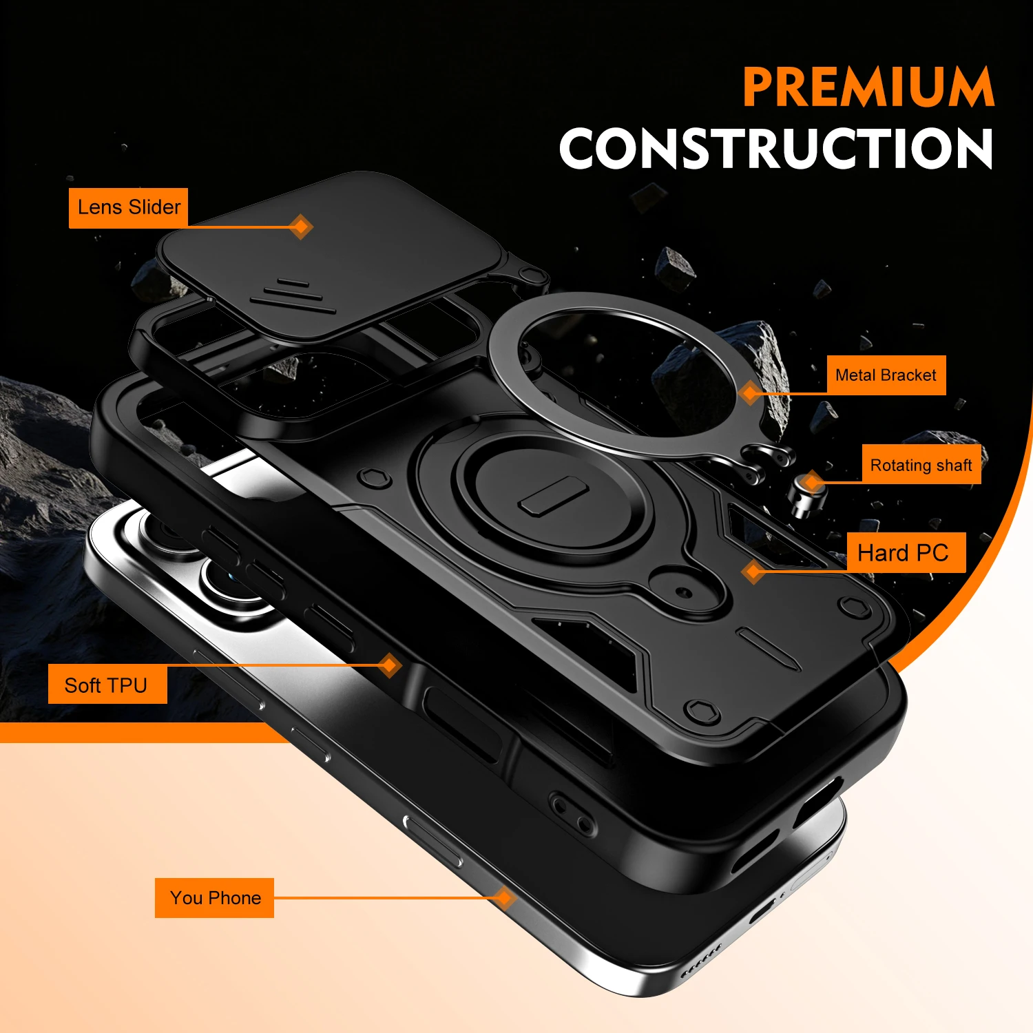 Dual-Function Dropproof Protective Case with Sliding Lens Cover and Metal Ring Bracket
