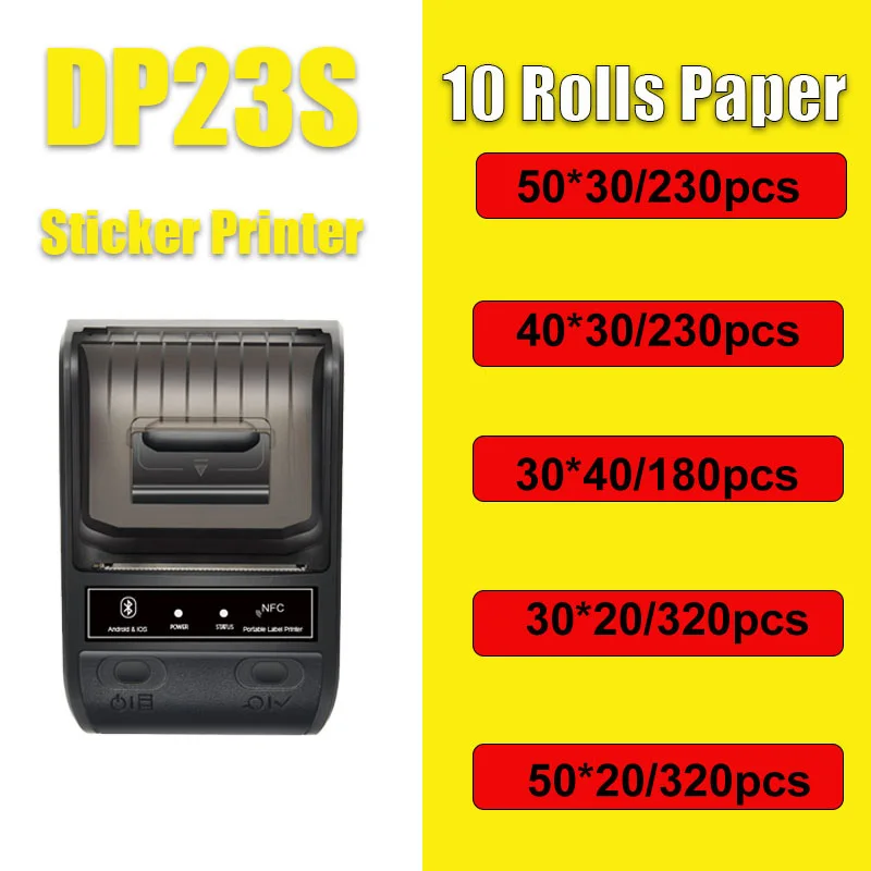 DETONGER DP23S 20-50mmThermal 라벨 프린터 플러스 10 롤 용지 다기능 미니 Adhensive 핸드 바코드 스티커 메이커