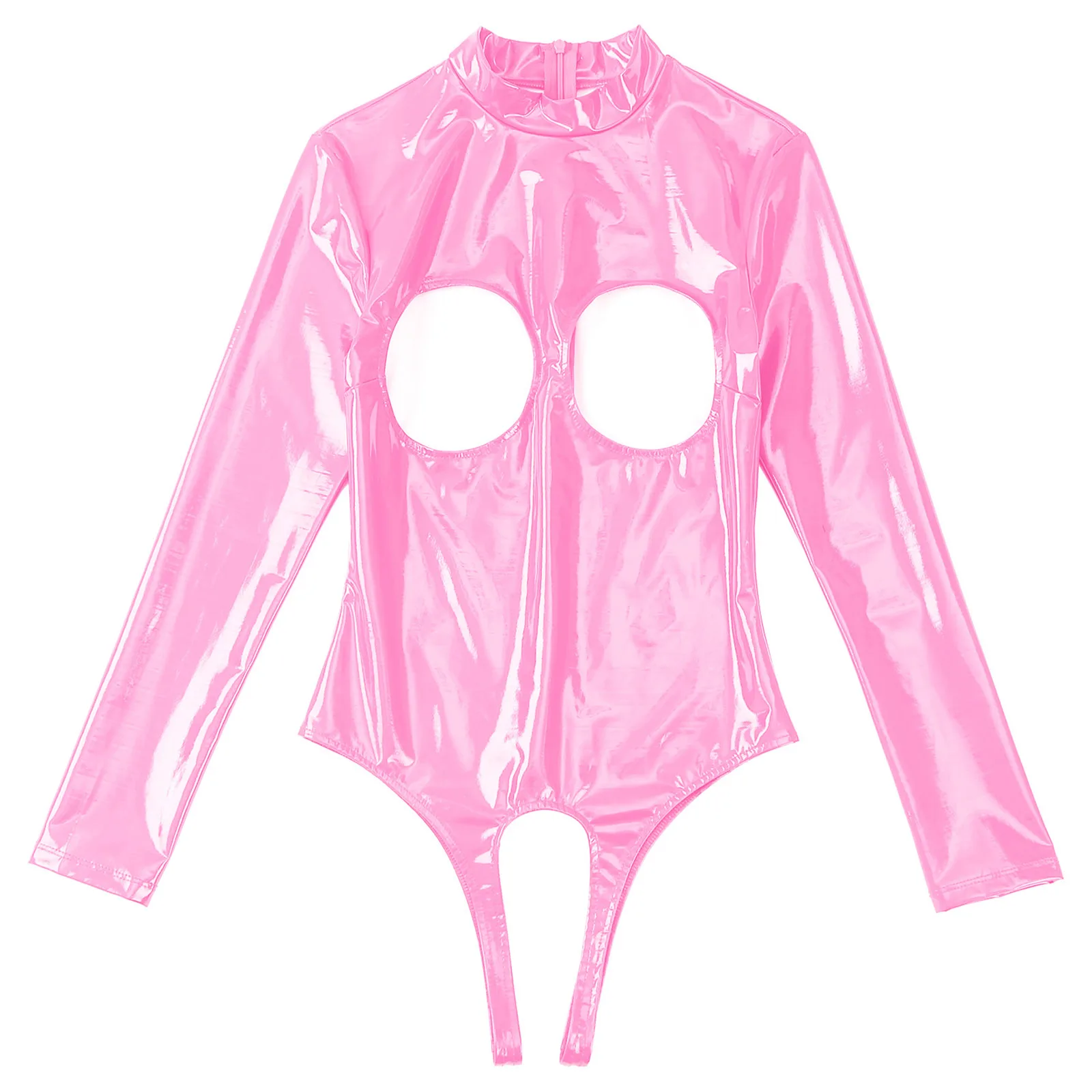 Womens Lingerie One Piece Cutout Open Chest Bodysuit Patent Leather Catsuit Invisible Zipper Back Crotchless Bodysuit Clubwear