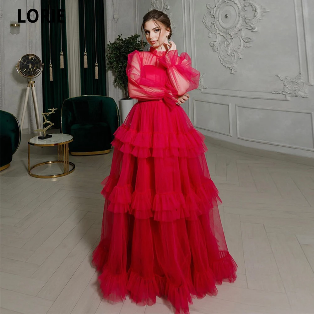 

LORIE Elegant A-line Prom Dresses Red Puff Sleeves Evening Gowns Tiered Ruched Party Gowns Formal Event Dress Robes De Soirée