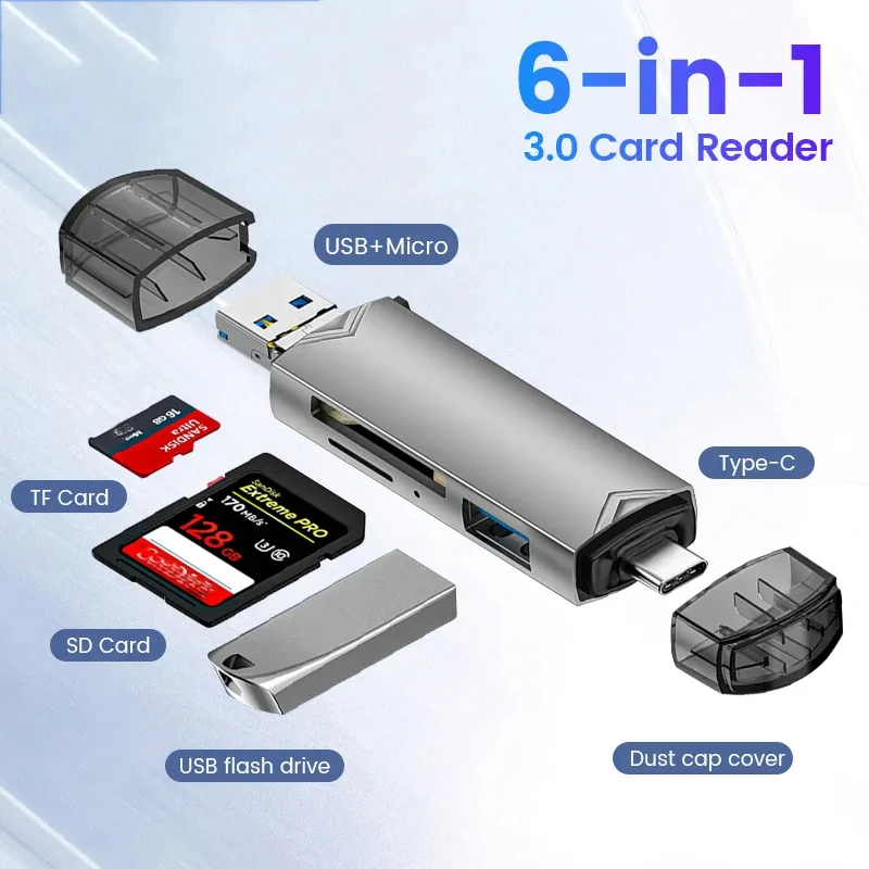 6-in-1 SD/TF Card Reader USB3.0+Micro to Typec Universal OTG Multifunctional Flash Drive Adapter 5Gbps High-speed Transmission