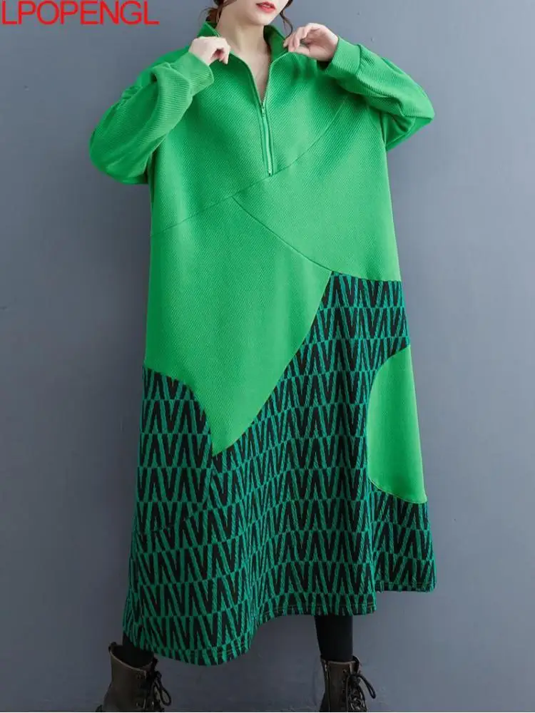 

New Autumn Woman Stand-up Collar Pullover Retro Streetwear Fashion Long Color Matching A-line Long Sleeve Zipper Mid-calf Dress