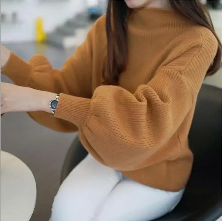 

Autumn and Winter New Half High Neck Slimming Knit Sweater New Loose Solid Color Lantern Sleeve Bat Shirt Pullover Sweater Women