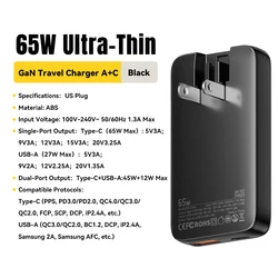 Ultra Slim 65W GaN Travel Charger with Fast Charging Technology - 65W US Grey Charger