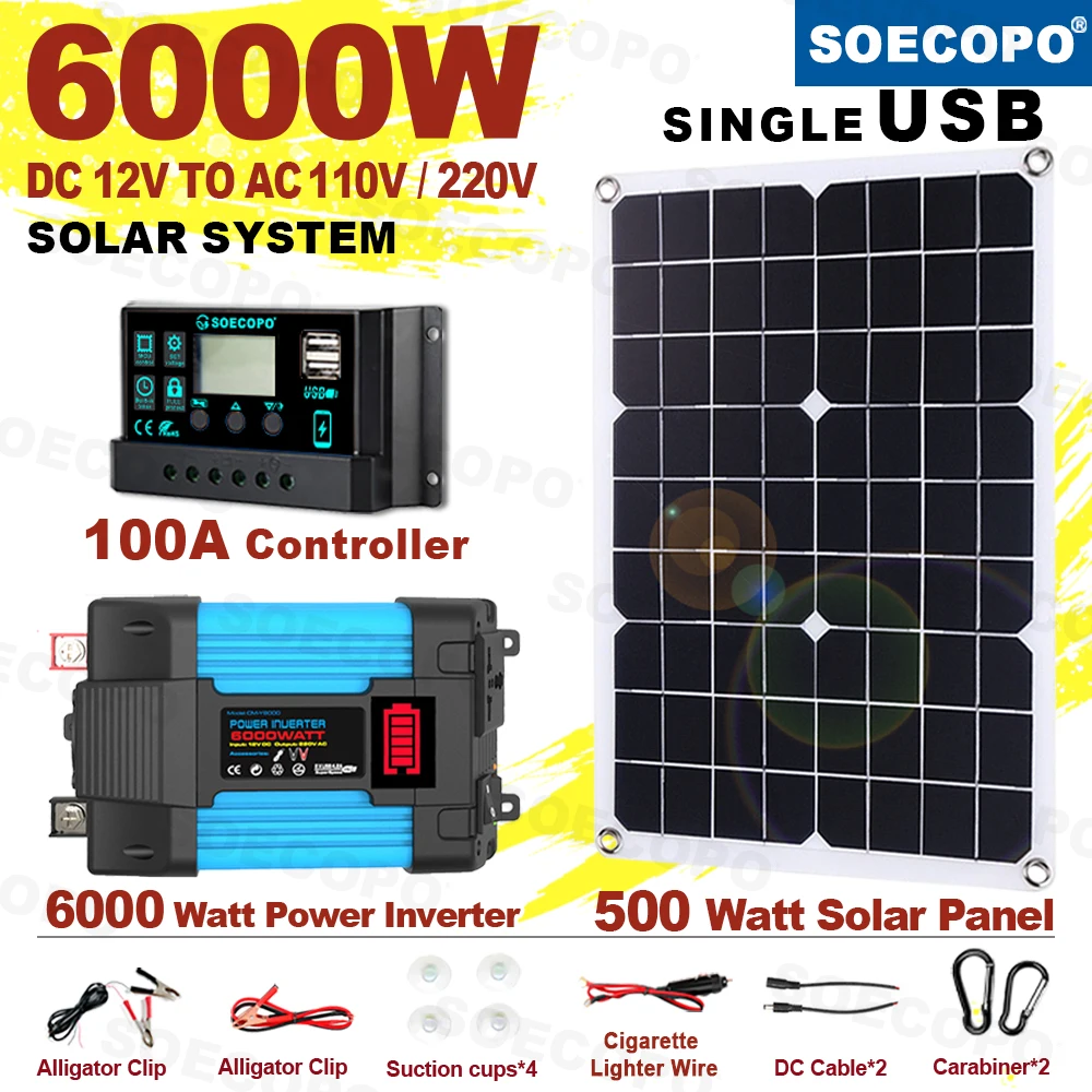 6000W Solar System DC12V to 110V/220V Off-Grid Inverter System 100A Controller 500W Panel for Home RV Camping CE Certified solar panel kit,solar controller,grid solar inverter
