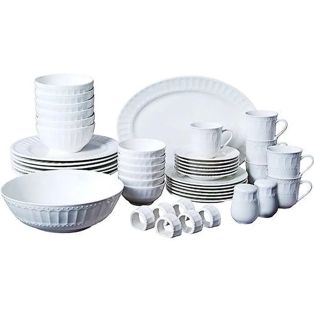 

46 Piece Dinnerware and Serve Ware Set Whiteware Traditional White Embossed Glaze Dinnerware Sturdy and Longlasting